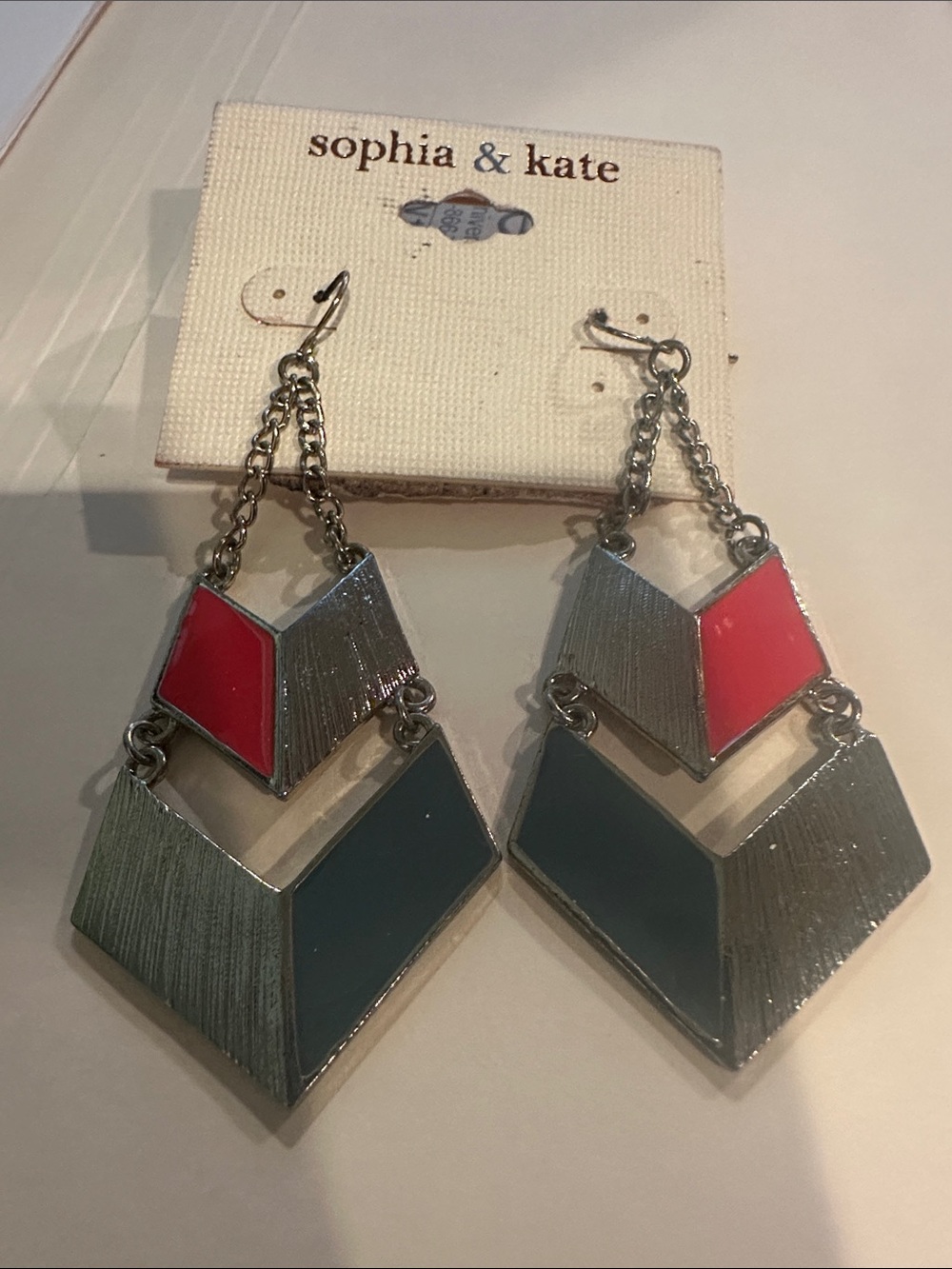 Vintage Red and Teal Geometric Drop Earrings